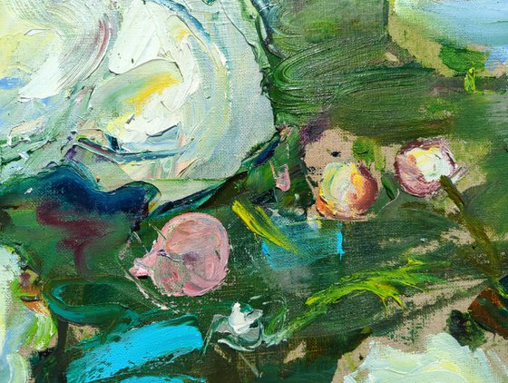 White peonies on linen background