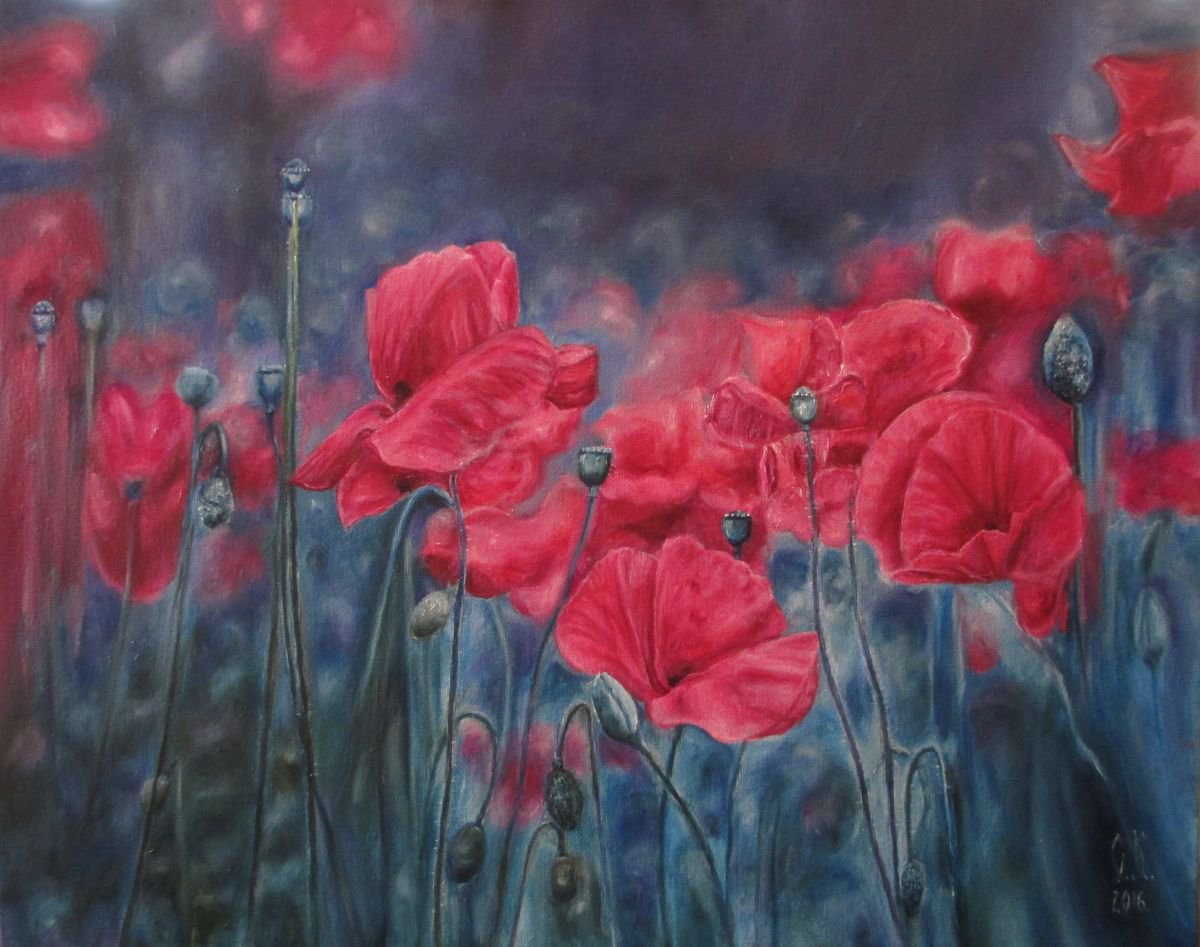 Photorealistic Botanical Oil Painting By Olga Knezevic, 26 X 22", Blue Garden, Original Artwork