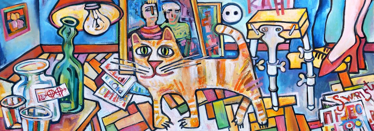 Expressive Abstract Oil Painting By Nikita Ostapenco, 55 X 20", In The Artist Studio, Original Artwork