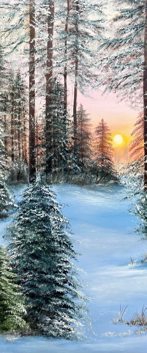 Winter orange sunset - landscape oilpainting forest by Tanja Frost