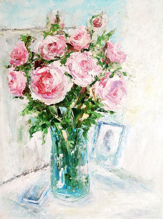 Roses Painting Original Art Pink Flower Bouquet Floral Wall Art