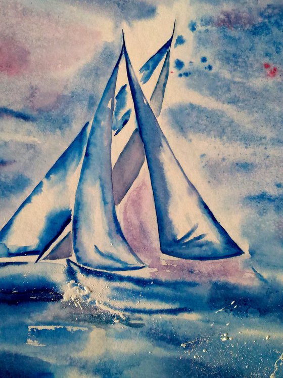 Sailboat Painting Original Art Sailing Vessel Watercolor Artwork Yacht Race Home Wall Art 17 by 12" by Halyna Kirichenko