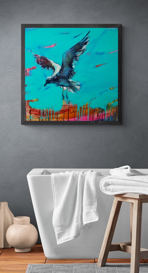 Bright painting - "Near the sea" - Pop Art - Bird - Sea - Ocean - Seagull - Sunset