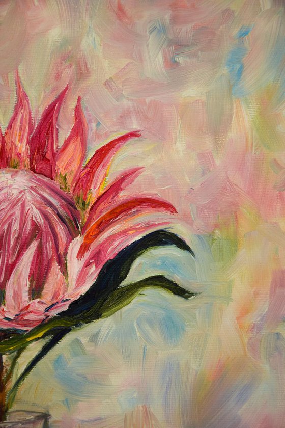 Flower protea original oil painting on canvas, pink plant in glass still life