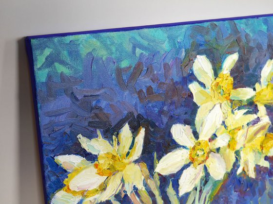 "Spring daffodils " original oil floral painting on canvas,  wall decor, gift idea.