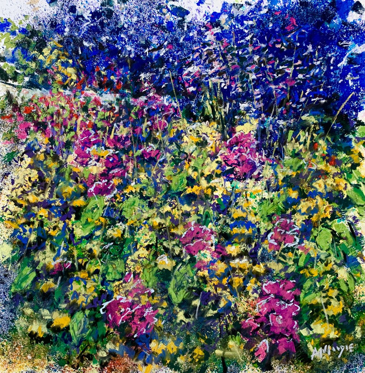 Impressionistic Botanical Drawing By Andrew Moodie, 17 X 17, Border Pinks, Original Artwork