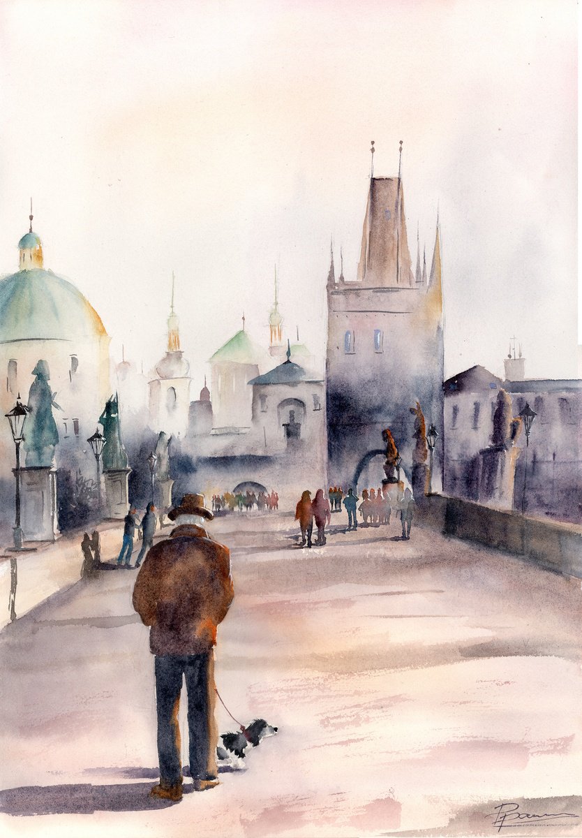 Impressionistic Watercolour , Morning Walk On Charles Bridge By Olga Tchefranov (Shefranov), 14 X 20, Artwork For Sale On Artfinder