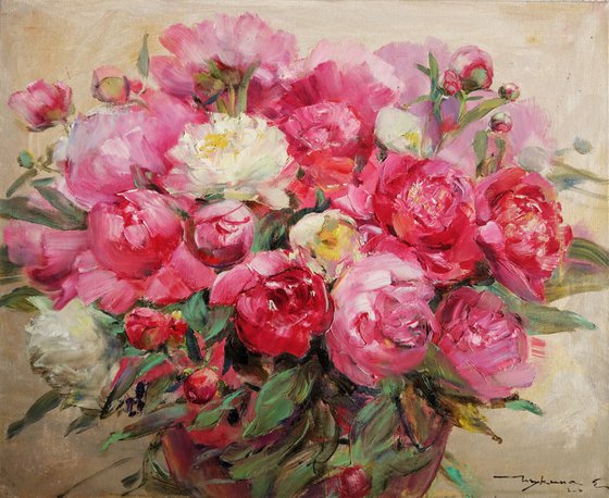 Peonies . Pink on gold . Bouquet a la prima . Original oil painting