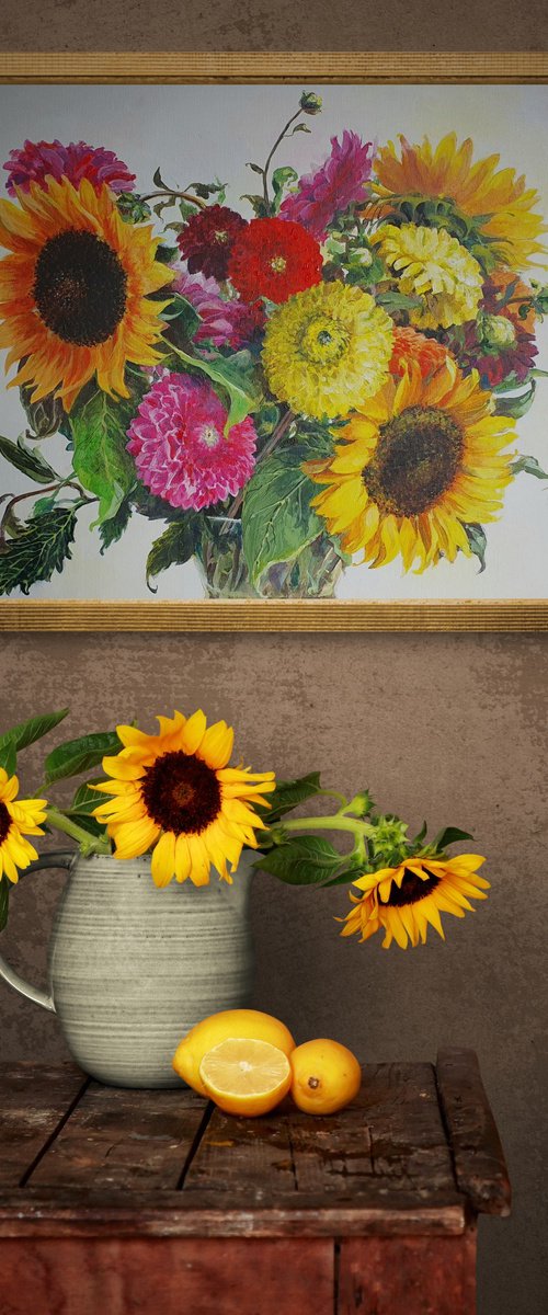 Floral bouquet in yellow and pink by SoNata Art. Natasha Sokolnikova, a Moldova-born artist based in Munich, Germany, blends classical training from the School of Fine Arts with contemporary influences from global travels. Her vibrant watercolors and acrylics explore themes of love, feminine identity, and nature's symbolism—flowers representing womanhood, animals evoking human connections. Inspired by color's emotional power, her works invite viewers into a dialogue of beauty and inspiration. Achievements include representing Moldova in 'Reflections for Change' and being the first Moldovan in the Lunar Codex Project, with 'Crystal Chimes' launching to the Moon. Collected worldwide, her art speaks multiple languages of emotion