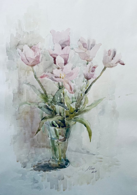 Tulips in vase. Original watercolour painting.