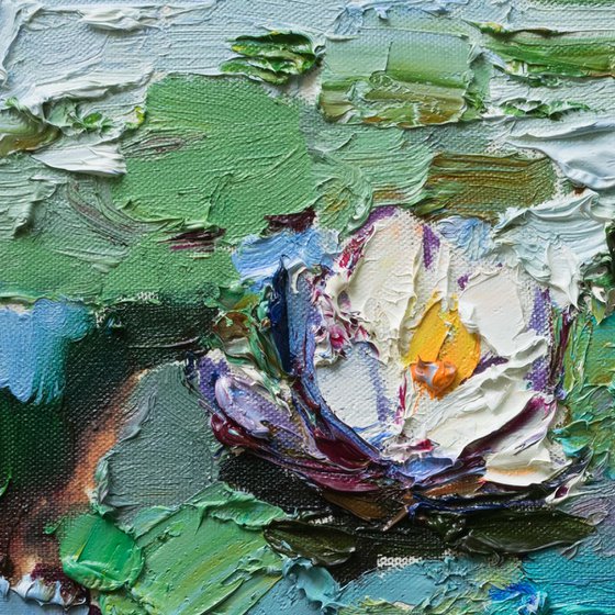 White Water Lilies - Pond flowers  Impasto Original Oil painting