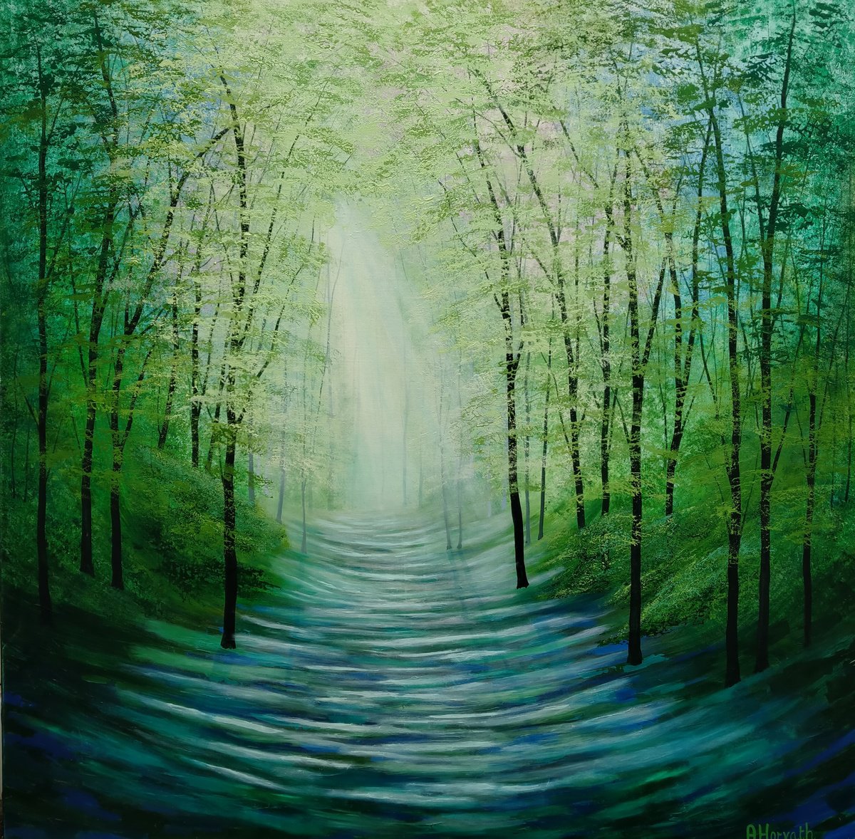 Expressive Landscape Acrylic Painting By Amanda Horvath, 35 X 35, Sunlight Serenade Forest Glade, Original Artwork