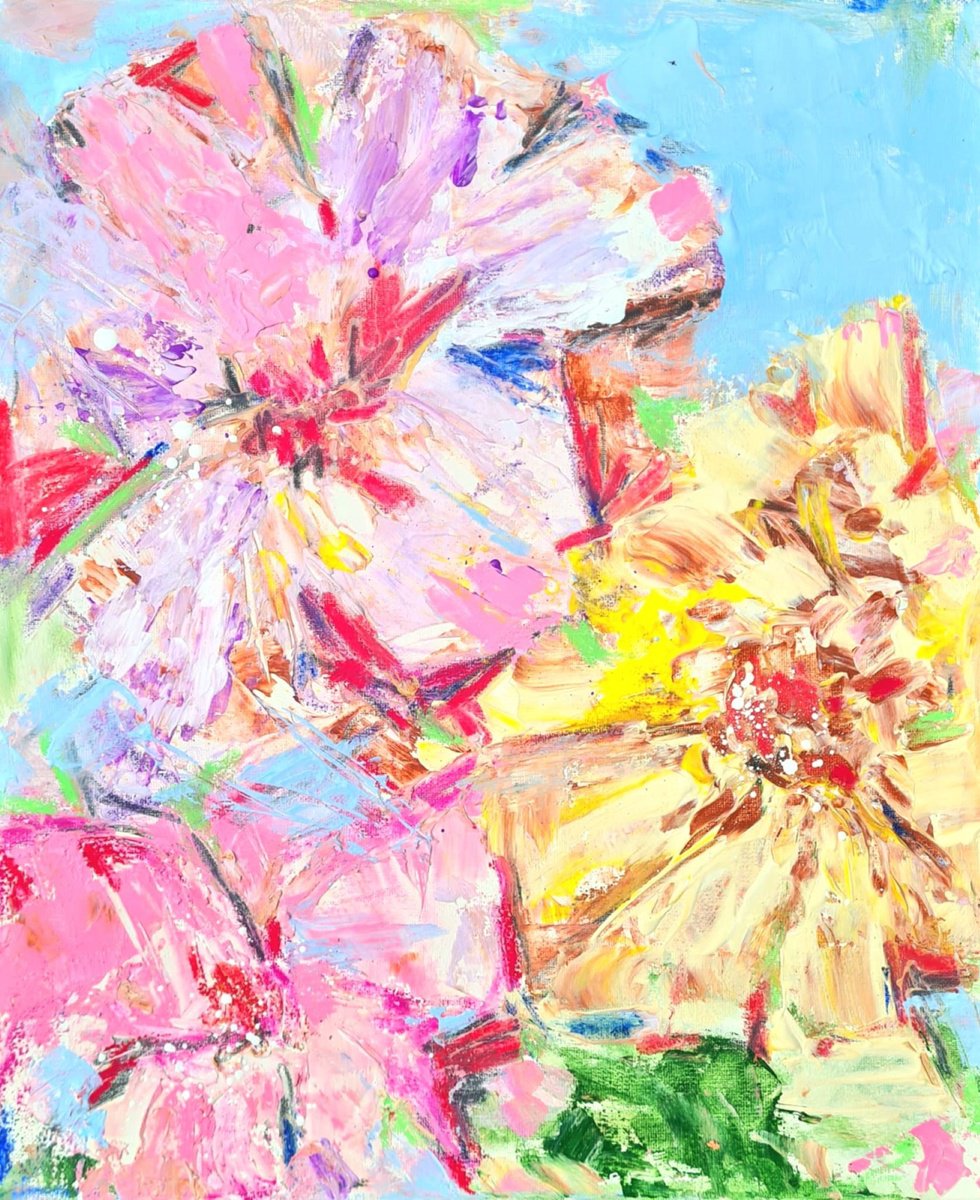 Organic Botanical Painting By Marian Gorin, 15 X 18", Sun-Painted Flowers, Original Artwork