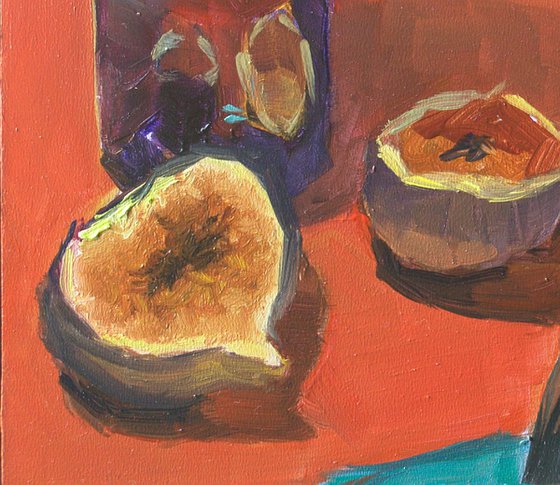 Small Painting - Figs on red and blue - One of a kind artwork, Homedecor