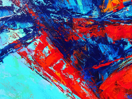 MOMENTS IN TIME I. Teal, Blue, Aqua, Navy, Red Contemporary Abstract Painting with Texture