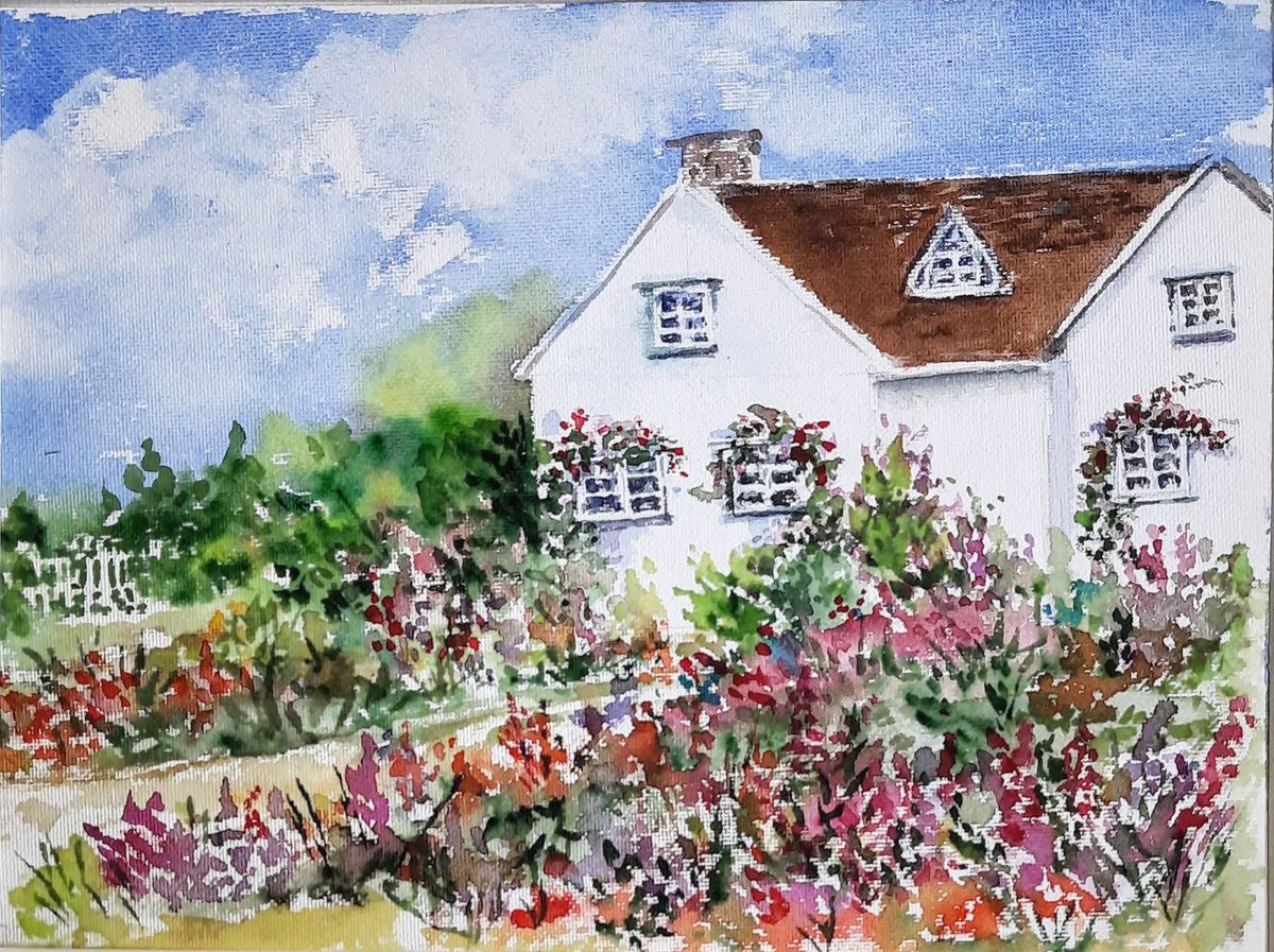 English Countryside cottage 1 Watercolor painting 11.1x 8.25 by Asha Shenoy