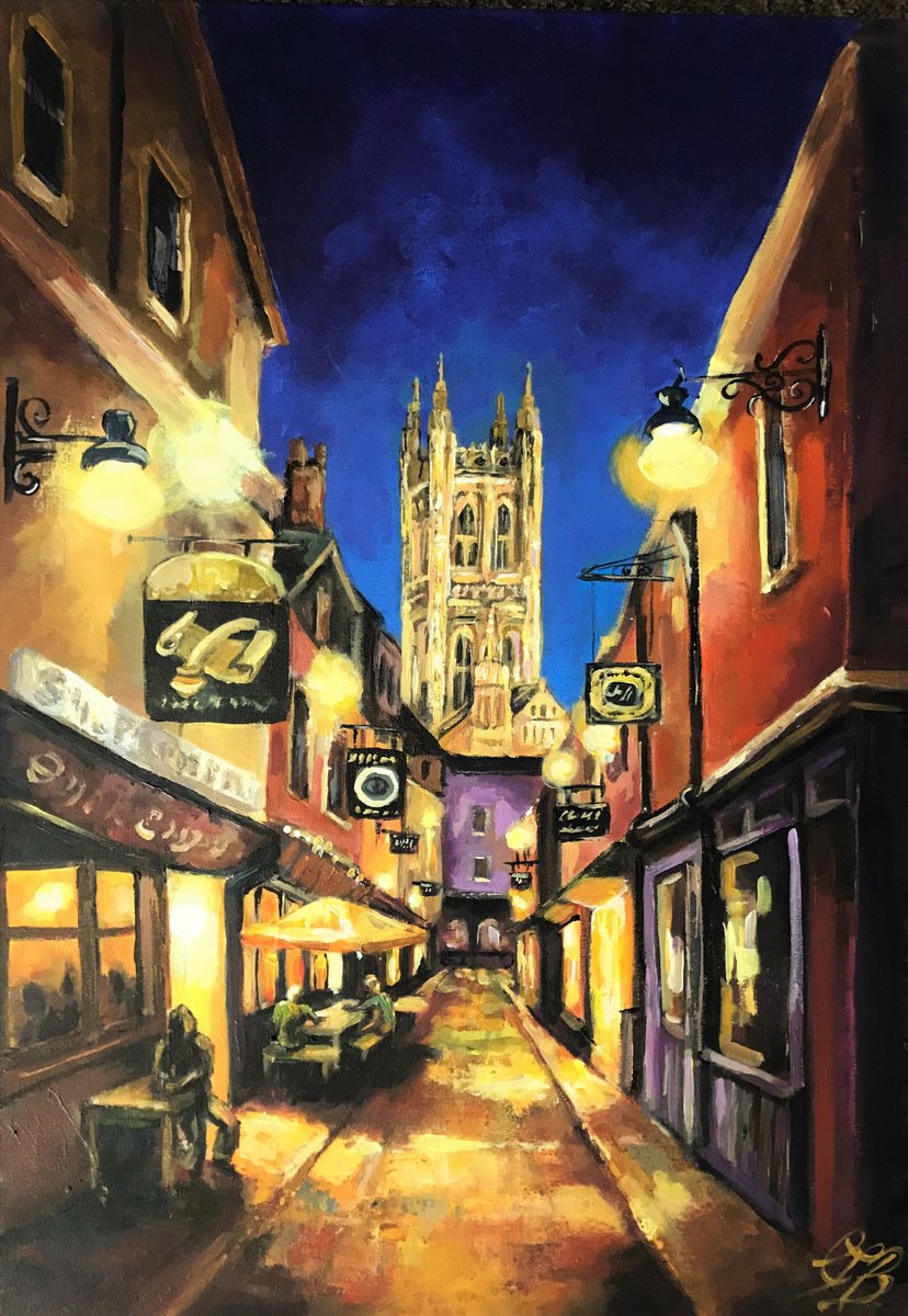 Impressionistic Cityscapes Acrylic Painting By Colette Baumback, 20 X 28, Evening In Canterbury, Original Artwork