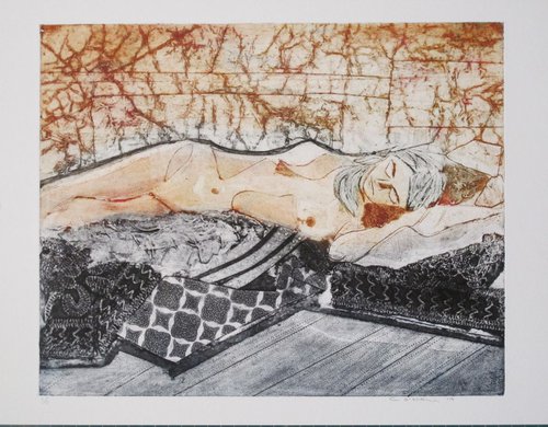 Reclining female nude. Sandy background by Catherine O’Neill