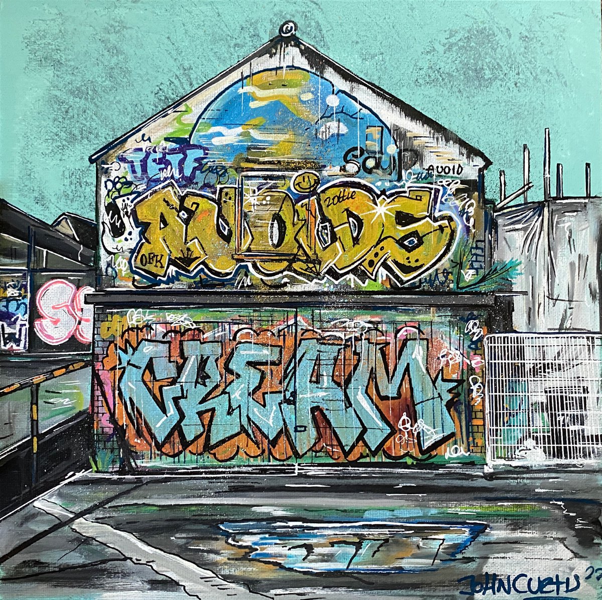 Illustrative Cityscapes Painting By John Curtis, 12 X 12, The Garage, Original Artwork