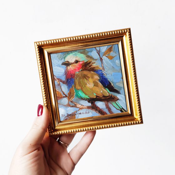 Little Bird painting oil original small art framed in blue green gold frame, Bird lovers gift artwork wall art mini 4x4