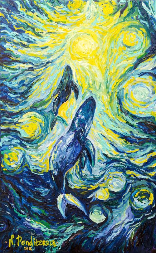 Whales - original impressionistic oil painting by Nino Ponditerra