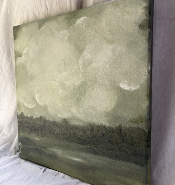 Clouds on the green foreground horizon