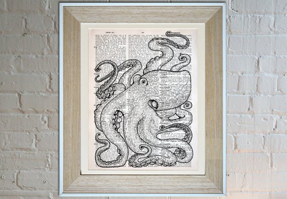 Octopus On The Page - Collage Art Print on Large Real English Dictionary Vintage Book Page