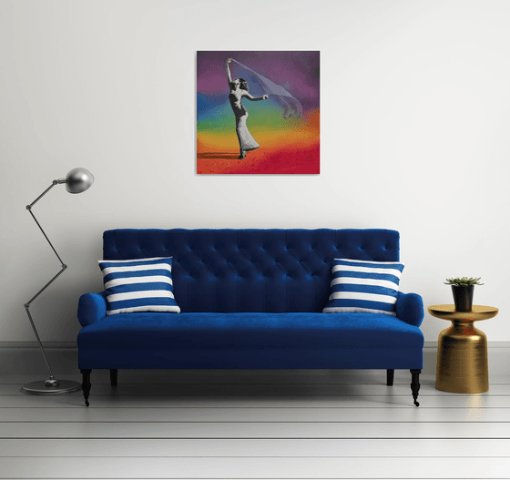 "Lost in a moment" - Spray paint, street art / pop art graffiti canvas depicting a Woman Dancing with vail / scarf in a Banksy style.