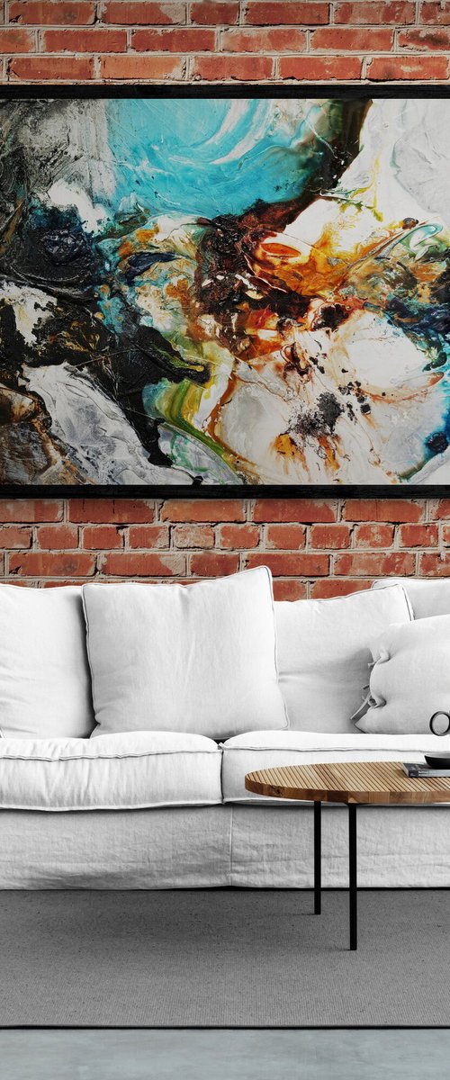 Natural Potion 240cm x 100cm Teal Black White Textured Abstract Art by Franko