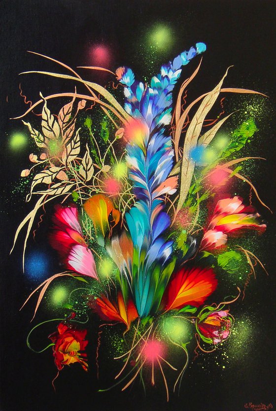 35.4" Night Flowers, Floral Painting