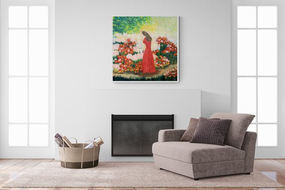 Silhouette of a girl in a rose garden. Original painting on canvas