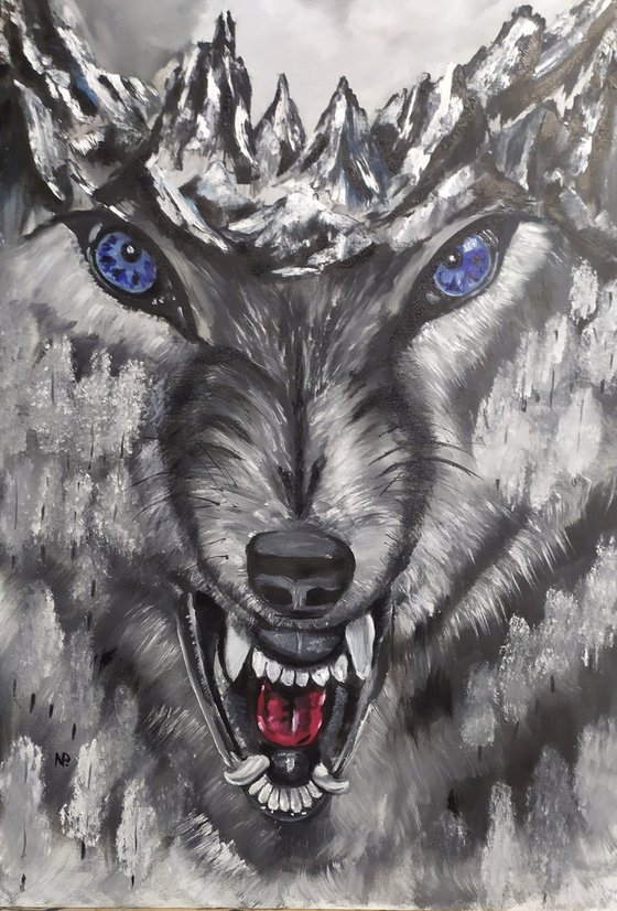 My Totem, original wolf, mountains, forest surreal oil painting, Gift