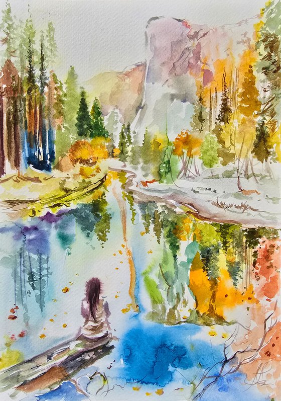 Woman by Serene Lake art