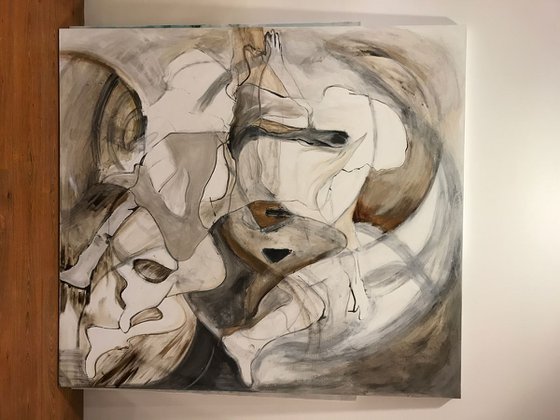 No woman no cry, XXL painting, brown black, white, abstracted woman