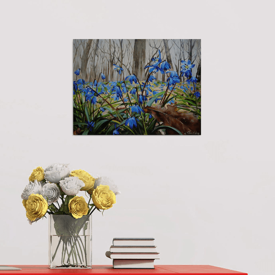 Blue Flowers Woods Art, Hyper Realistic Painting