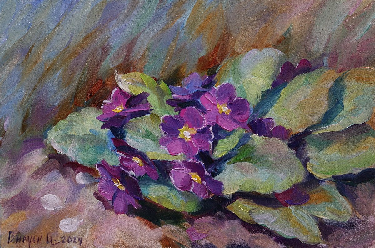 Impressionistic Botanical Oil Painting By Lena Vylusk, 12 X 8", "Primrose In The Garden", Original Artwork