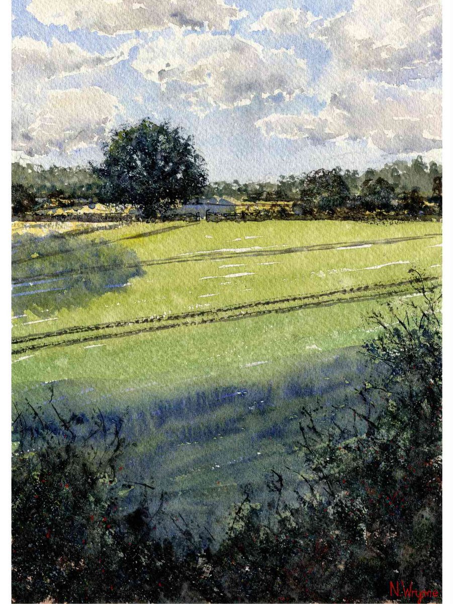 Original Painting - AT THE FIELDS EDGE - Watercolour Green Country Landscape Nature Art by Neil Wrynne
