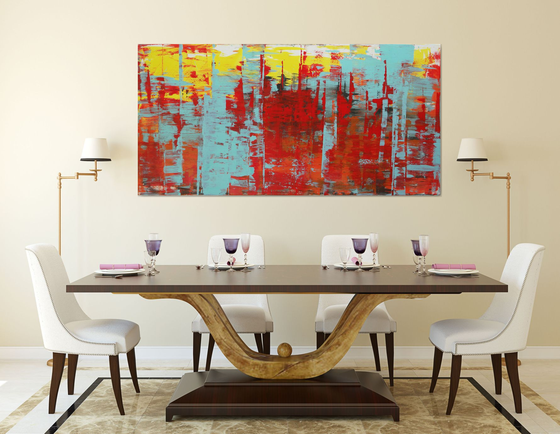 XL Abstract Painting - Static in Red - 180x90 cm - Ronald Hunter - 17D