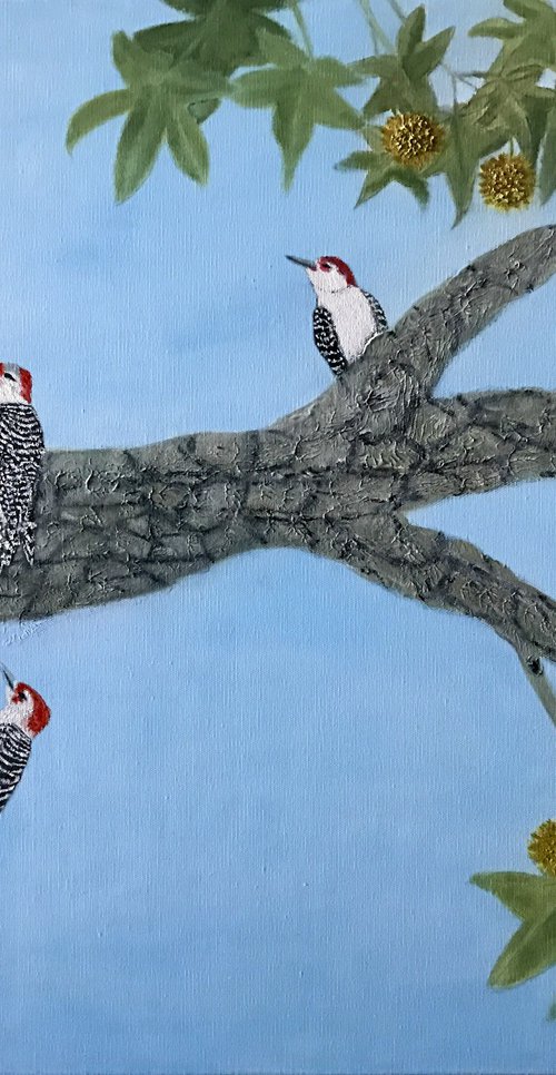 WOODPECKERS ON A GUM TREE by Leslie Dannenberg