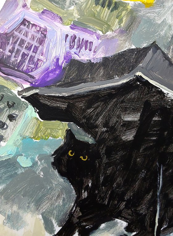 Black cat under an umbrella