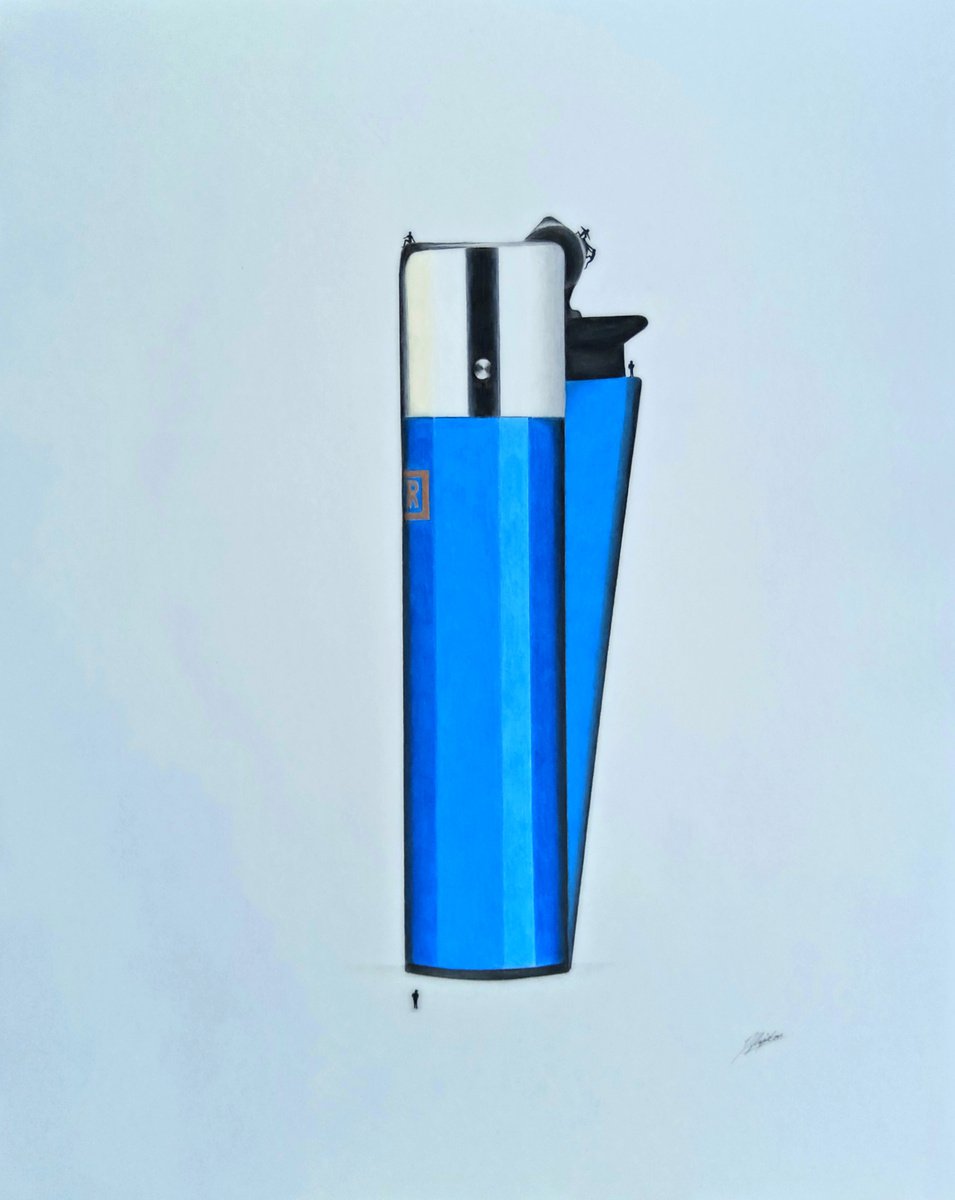 Urban And Pop Still Life Pencil Drawing By Daniel Shipton, 16 X 20, Blue Clipper Lighter, Original Artwork