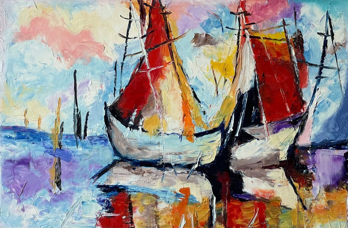 Abstract Landscape Oil Painting By Anastasiia Novitskaya, 24 X 16, Moored Ships, Original Artwork