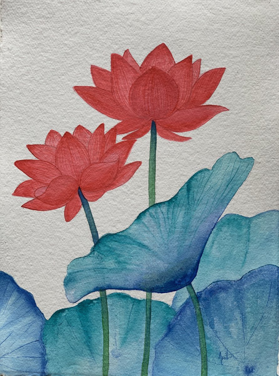 Red lotus ! A3 size Painting on Indian handmade paper by Amita Dand