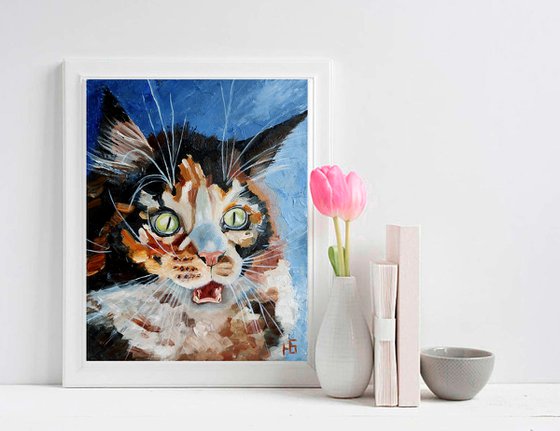 Surprised Cat Oil Painting Funny Cat Artwork Tabby Cat Portrait
