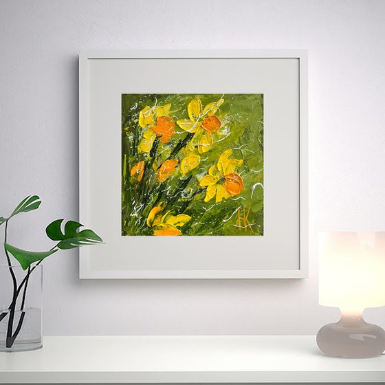 Daffodil Painting Floral Original Art Flower Oil Impasto Artwork Small Wall Art 6 by 6" by Halyna Kirichenko