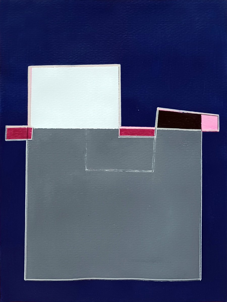 Geometric Abstract Acrylic Painting By Luis Medina, 12 X 16", Blue And Grey Composition Ii, Original Artwork