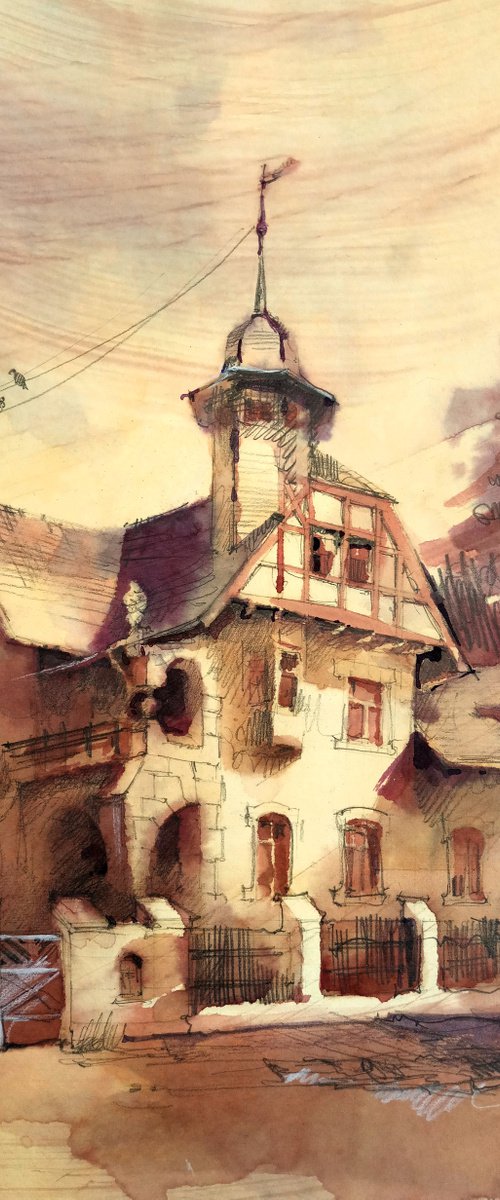 "An old mansion in a fabulous style" architectural landscape - Original watercolor painting by Ksenia Selianko