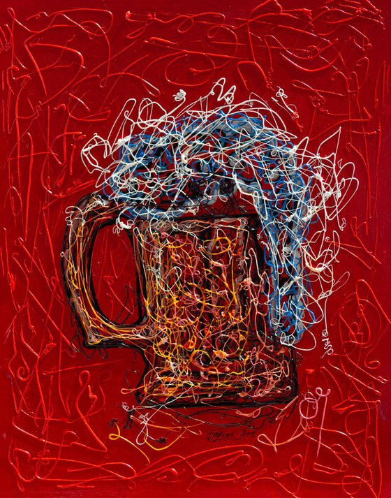 Beer Mug Modern Pollock Effects on a Wooden Panel. -  (11”X 14”X0.5"  -  inspired by Pollock