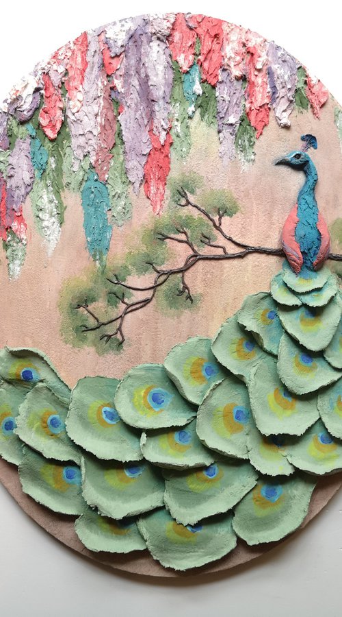 Peacock and Wisteria-3d landscape with a bird and flowers on an oval panel, 26x32x2 cm by Irina Stepanova