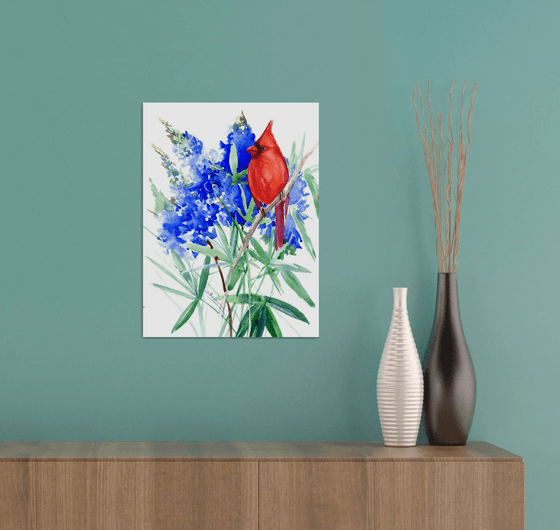 Red Cardinal and Bluebonnet Flowers